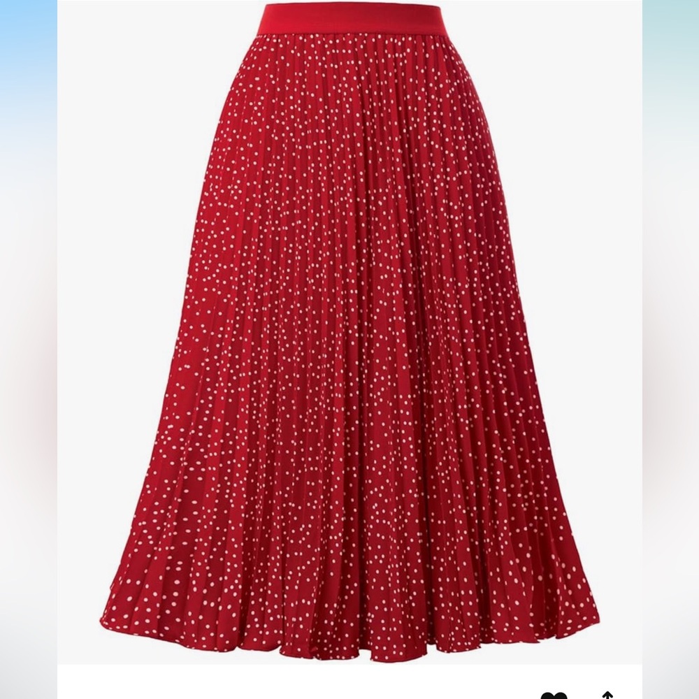 Casual Pleated Midi Skirt for T-Shirt Top Red Polka Dots Size XL